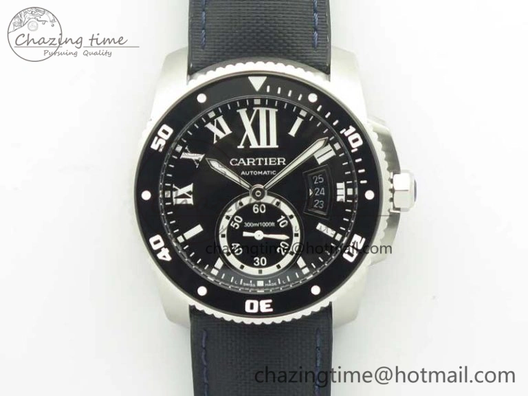 Calibre De Cartier Diver Black JF 1:1 Best Edition on Black Nylon Strap A23J