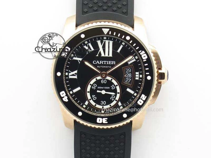 Calibre De Cartier Diver Black RG TF 1:1 Best Edition On Black Rubber Strap A23J