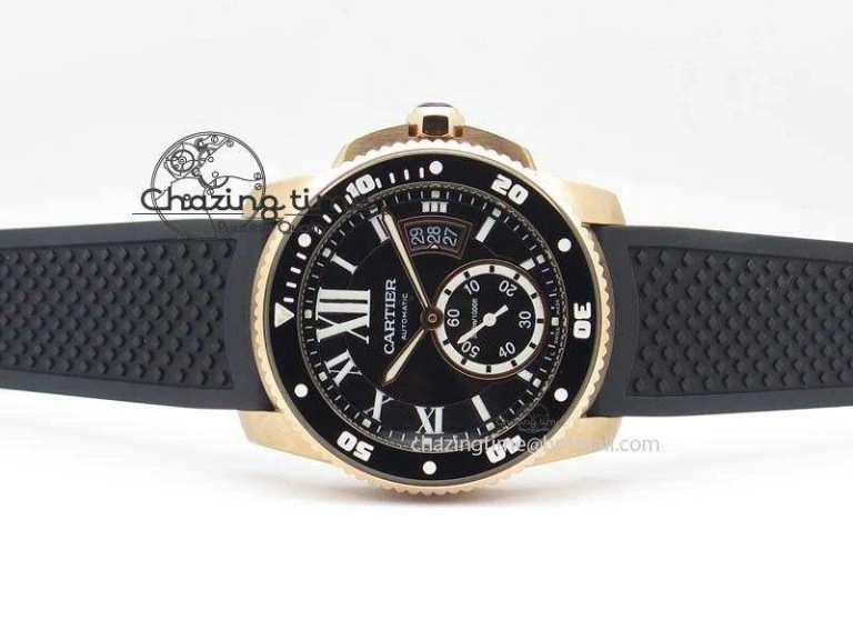 Calibre De Cartier Diver Black RG TF 1:1 Best Edition On Black Rubber Strap A23J