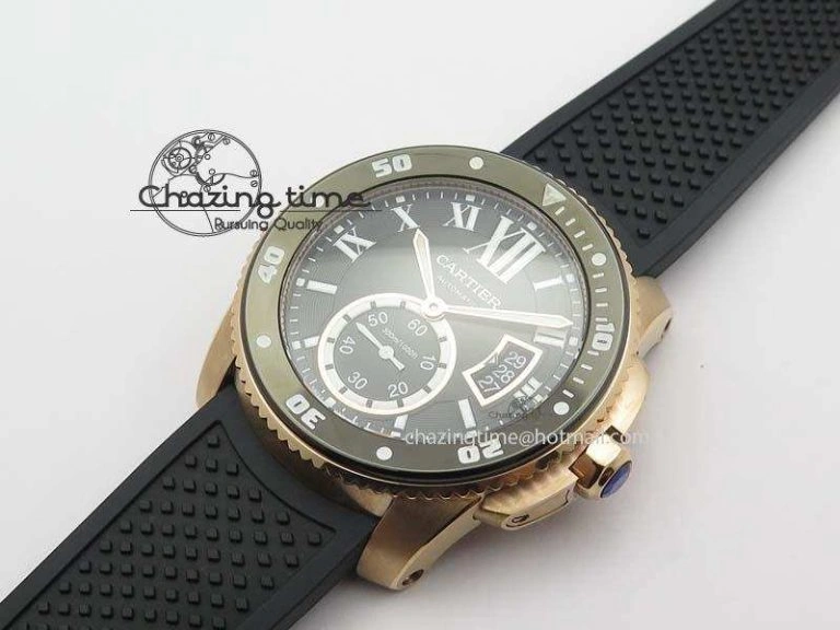 Calibre De Cartier Diver Black RG TF 1:1 Best Edition On Black Rubber Strap A23J