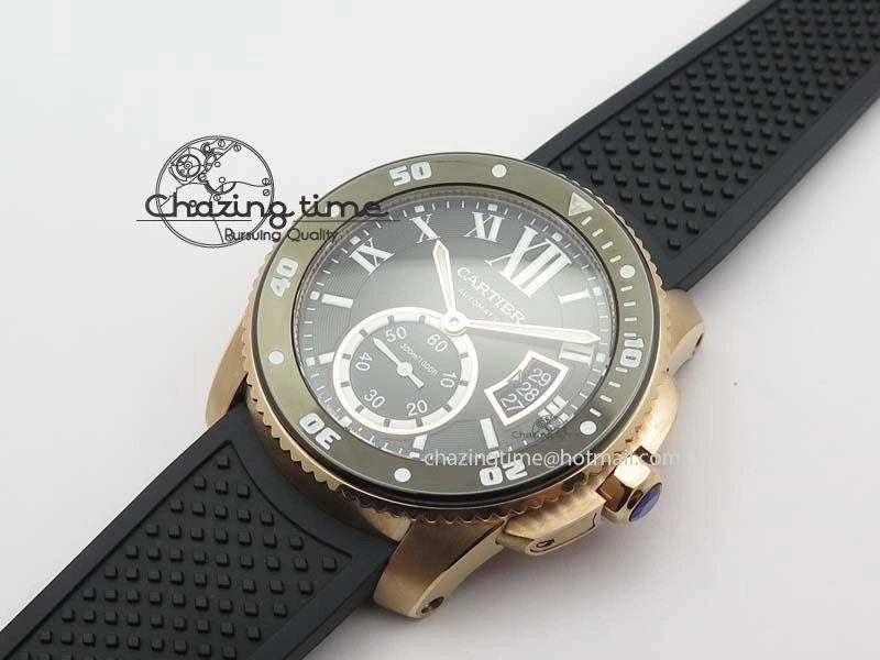 Calibre De Cartier Diver Black RG TF 1:1 Best Edition On Black Rubber Strap A23J