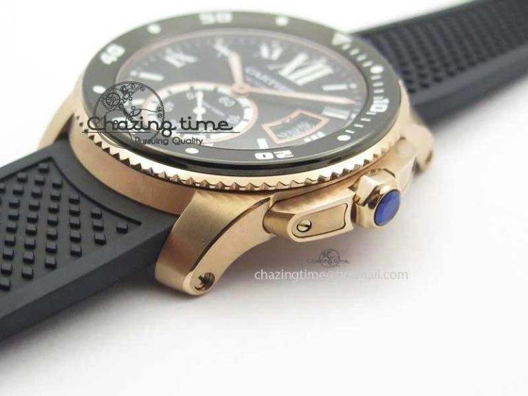 Calibre De Cartier Diver Black RG TF 1:1 Best Edition On Black Rubber Strap A23J