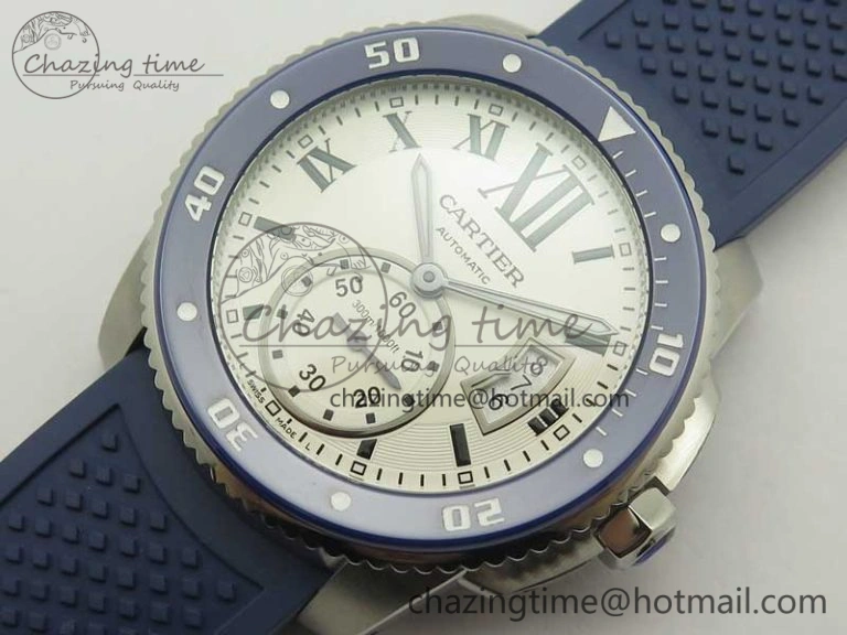 Calibre De Cartier Diver Blue JF 1:1 Best Edition White Dial On Blue Rubber Strap A23J