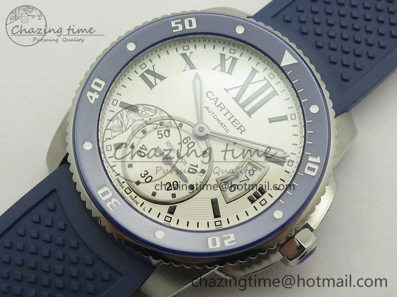 Calibre De Cartier Diver Blue JF 1:1 Best Edition White Dial On Blue Rubber Strap A23J