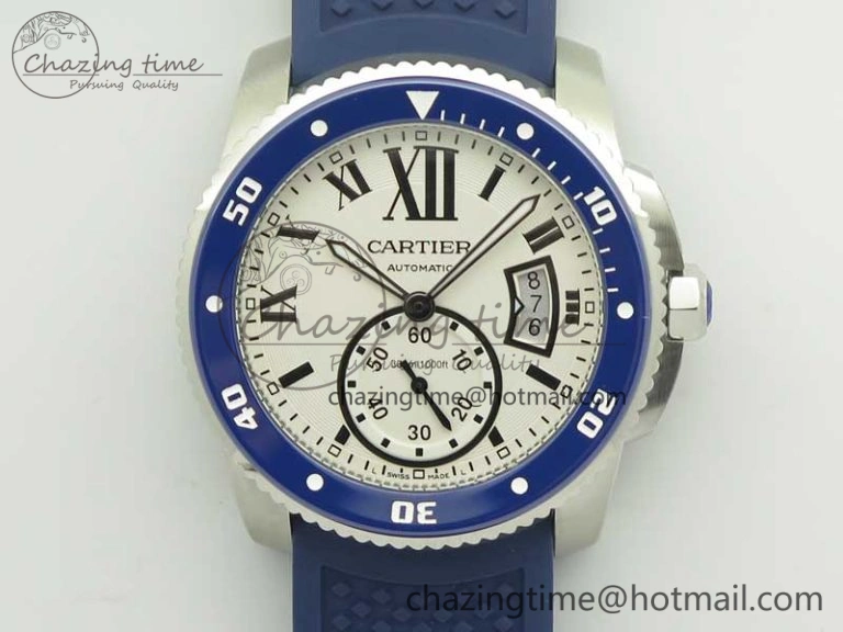 Calibre De Cartier Diver Blue JF 1:1 Best Edition White Dial On Blue Rubber Strap A23J