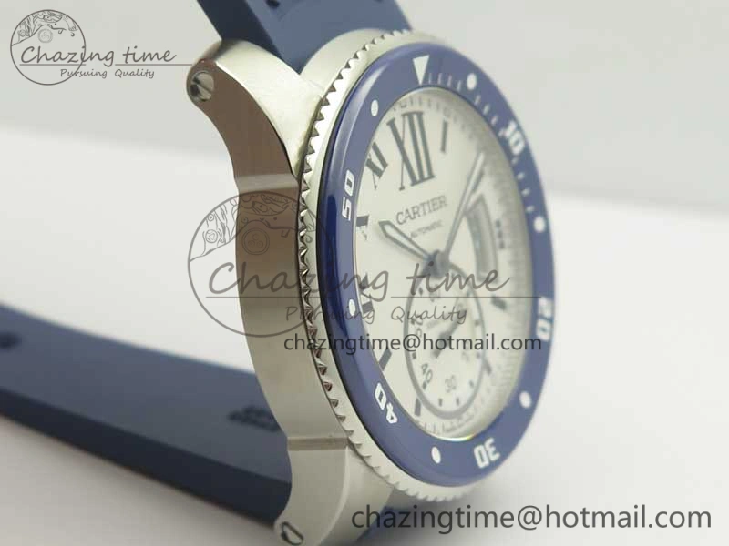 Calibre De Cartier Diver Blue JF 1:1 Best Edition White Dial On Blue Rubber Strap A23J
