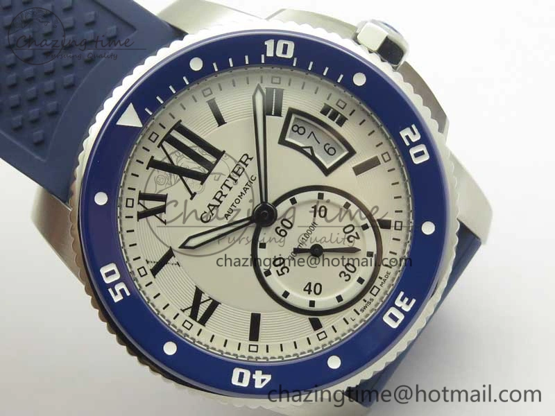 Calibre De Cartier Diver Blue JF 1:1 Best Edition White Dial On Blue Rubber Strap A23J