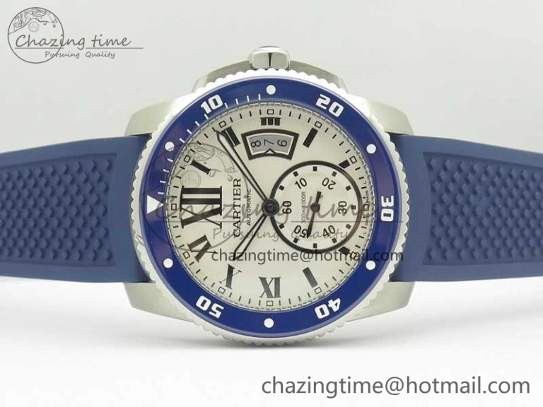 Calibre De Cartier Diver Blue JF 1:1 Best Edition White Dial On Blue Rubber Strap A23J