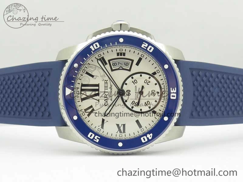 Calibre De Cartier Diver Blue JF 1:1 Best Edition White Dial On Blue Rubber Strap A23J