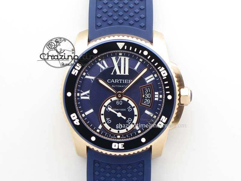 Calibre De Cartier Diver Blue RG TF 1:1 Best Edition On Blue Rubber Strap A23J