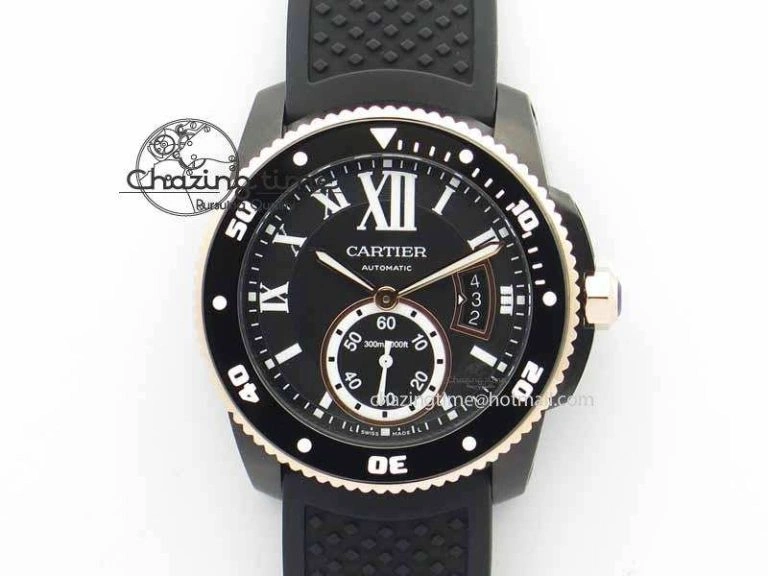 Calibre De Cartier Diver JJF 1:1 Best Edition DLC RG Black Dial On Black Rubber Strap A23J