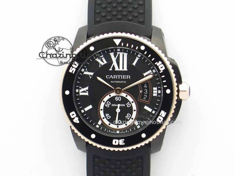 Calibre De Cartier Diver JJF 1:1 Best Edition DLC RG Black Dial On Black Rubber Strap A23J