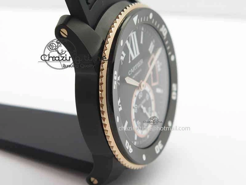 Calibre De Cartier Diver JJF 1:1 Best Edition DLC RG Black Dial On Black Rubber Strap A23J