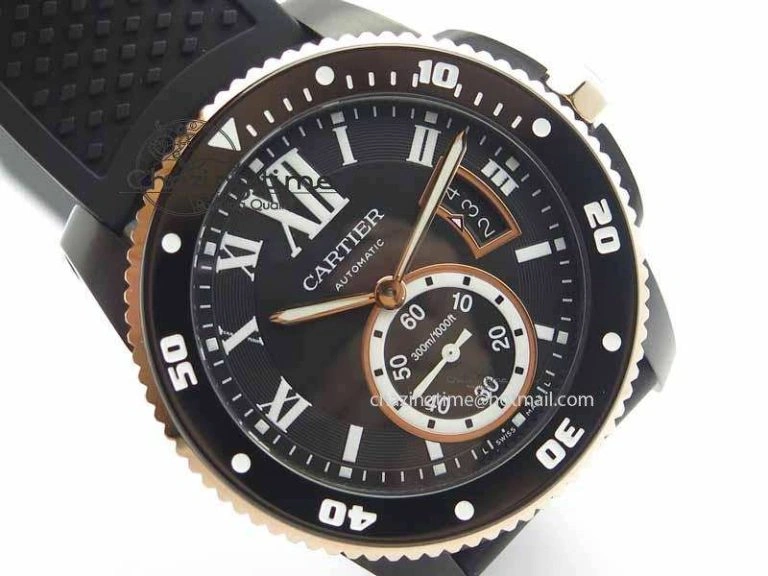 Calibre De Cartier Diver JJF 1:1 Best Edition DLC RG Black Dial On Black Rubber Strap A23J