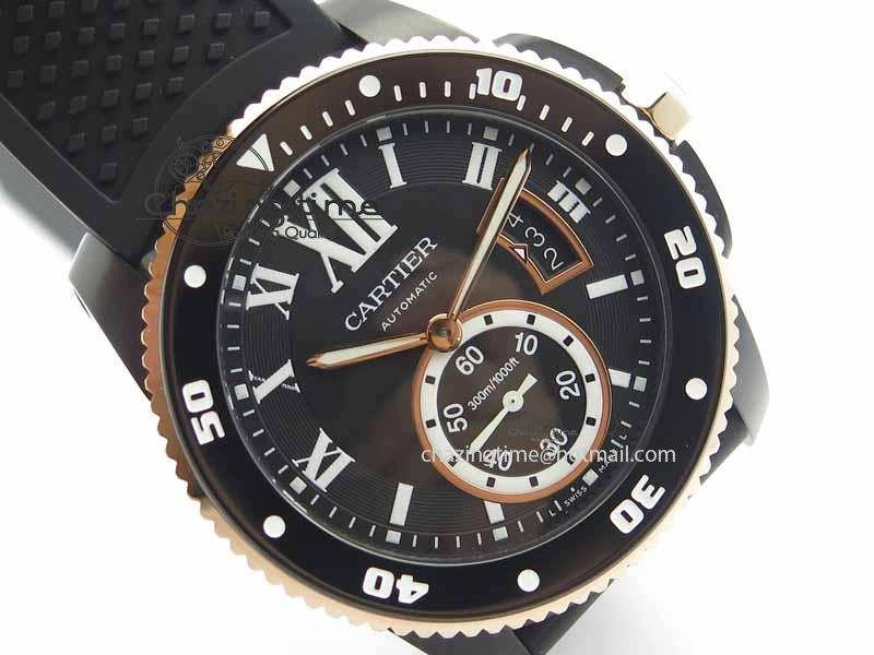 Calibre De Cartier Diver JJF 1:1 Best Edition DLC RG Black Dial On Black Rubber Strap A23J