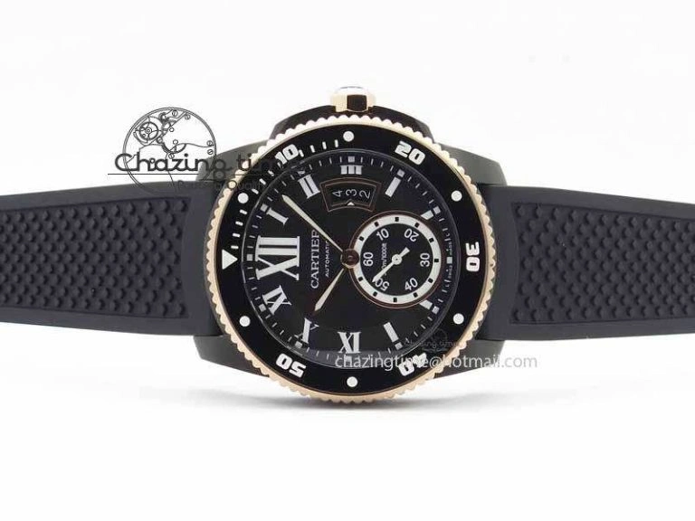 Calibre De Cartier Diver JJF 1:1 Best Edition DLC RG Black Dial On Black Rubber Strap A23J