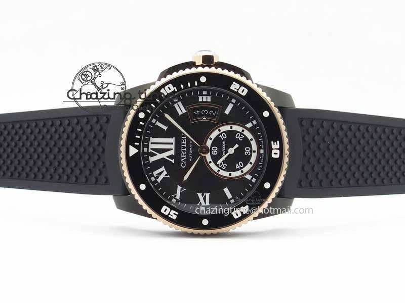 Calibre De Cartier Diver JJF 1:1 Best Edition DLC RG Black Dial On Black Rubber Strap A23J