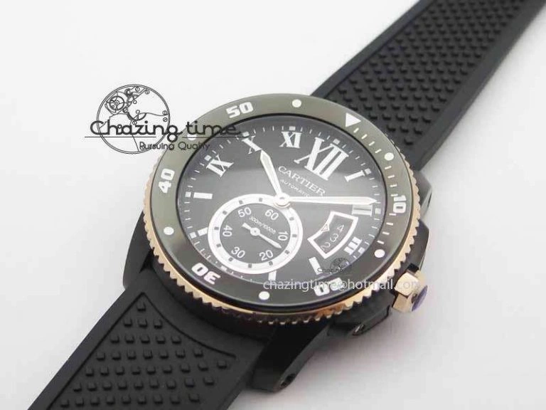 Calibre De Cartier Diver JJF 1:1 Best Edition DLC RG Black Dial On Black Rubber Strap A23J