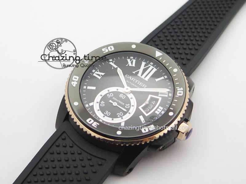 Calibre De Cartier Diver JJF 1:1 Best Edition DLC RG Black Dial On Black Rubber Strap A23J