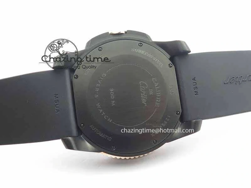 Calibre De Cartier Diver JJF 1:1 Best Edition DLC RG Black Dial On Black Rubber Strap A23J