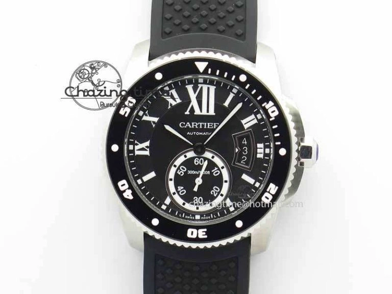 Calibre De Cartier Diver JJF 1:1 Best Edition SS Black Dial On Black Rubber Strap A23J