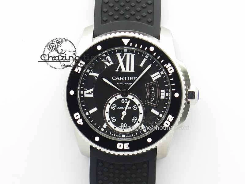 Calibre De Cartier Diver JJF 1:1 Best Edition SS Black Dial On Black Rubber Strap A23J