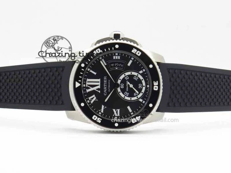 Calibre De Cartier Diver JJF 1:1 Best Edition SS Black Dial On Black Rubber Strap A23J