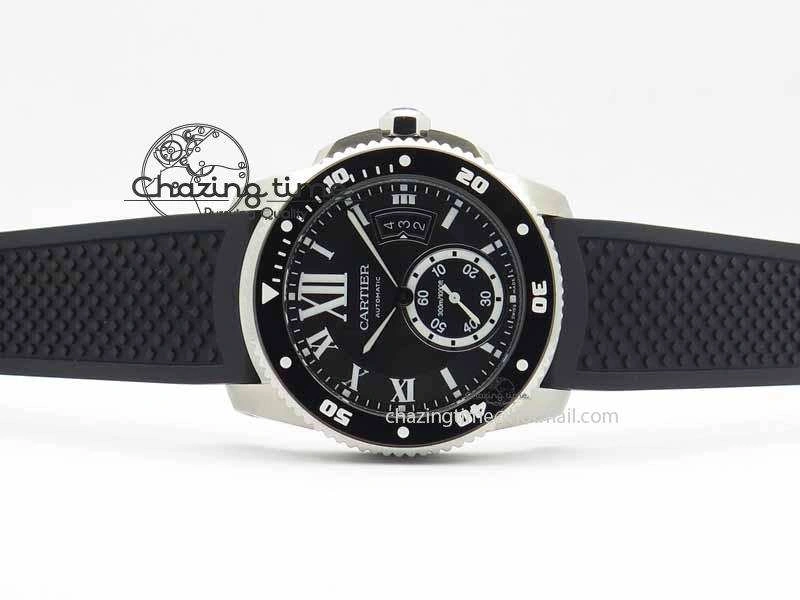 Calibre De Cartier Diver JJF 1:1 Best Edition SS Black Dial On Black Rubber Strap A23J