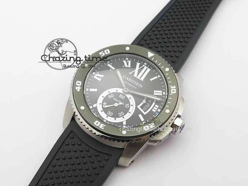 Calibre De Cartier Diver JJF 1:1 Best Edition SS Black Dial On Black Rubber Strap A23J