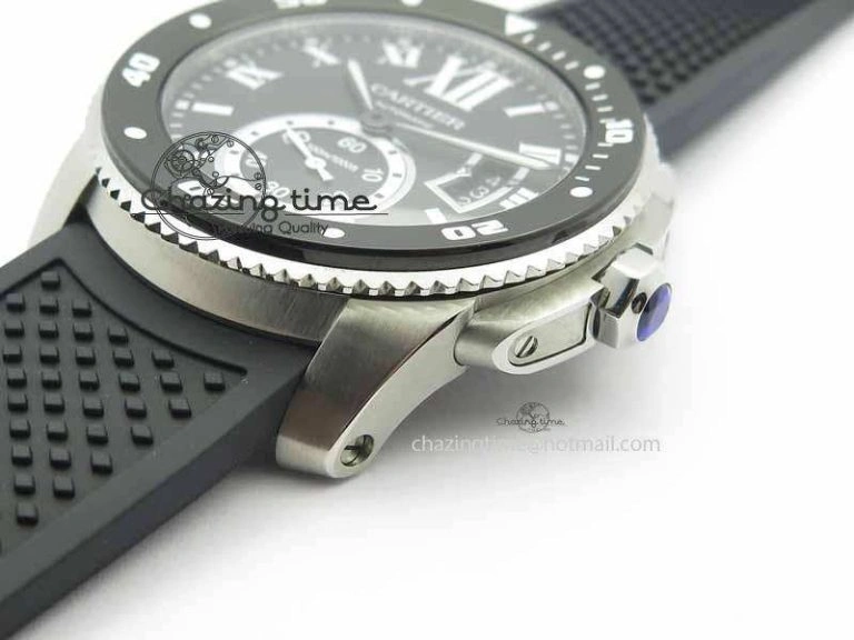 Calibre De Cartier Diver JJF 1:1 Best Edition SS Black Dial On Black Rubber Strap A23J