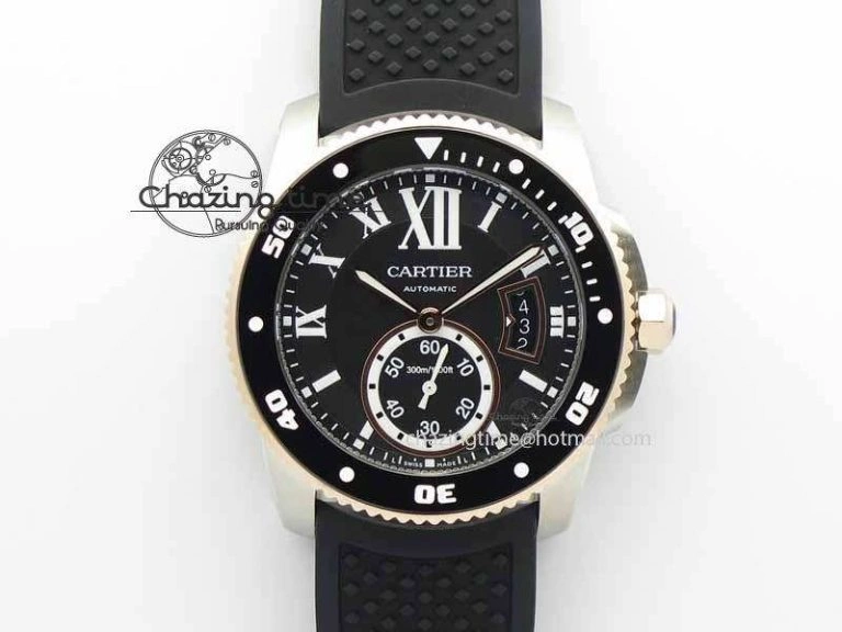 Calibre De Cartier Diver JJF 1:1 Best Edition SS RG Black Dial On Black Rubber Strap A23J