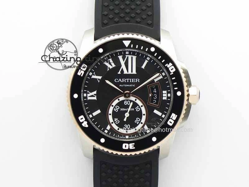 Calibre De Cartier Diver JJF 1:1 Best Edition SS RG Black Dial On Black Rubber Strap A23J