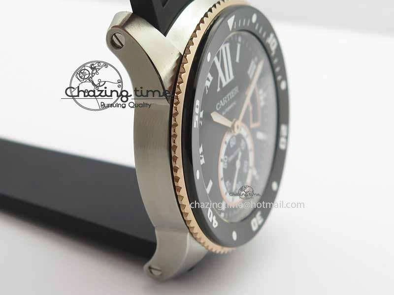 Calibre De Cartier Diver JJF 1:1 Best Edition SS RG Black Dial On Black Rubber Strap A23J
