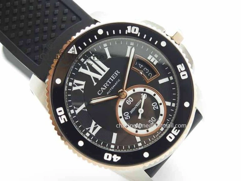 Calibre De Cartier Diver JJF 1:1 Best Edition SS RG Black Dial On Black Rubber Strap A23J