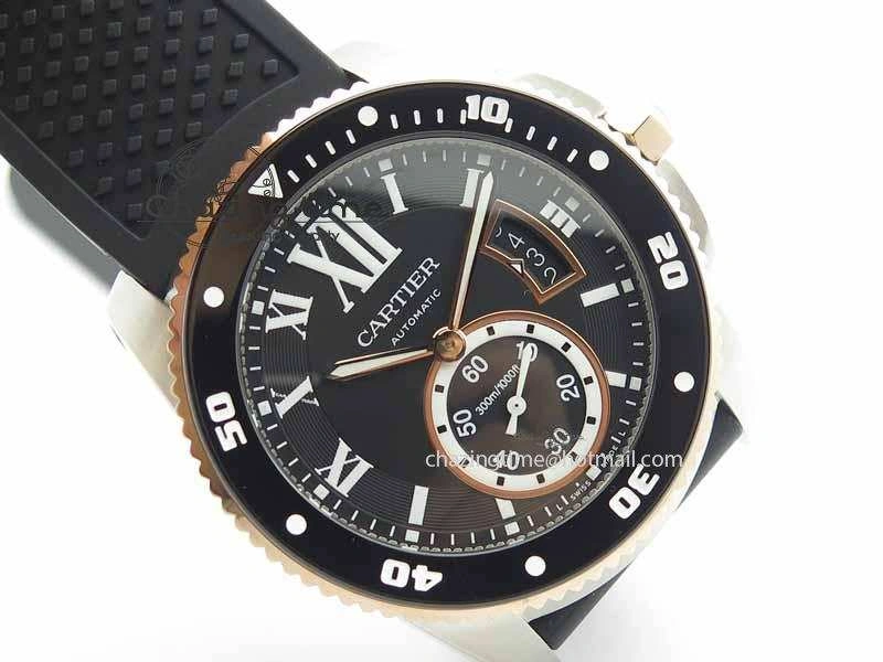 Calibre De Cartier Diver JJF 1:1 Best Edition SS RG Black Dial On Black Rubber Strap A23J