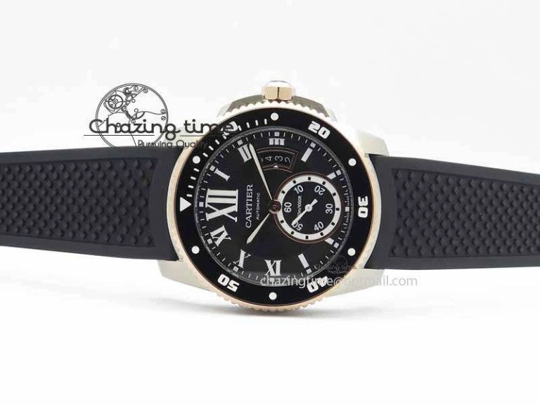 Calibre De Cartier Diver JJF 1:1 Best Edition SS RG Black Dial On Black Rubber Strap A23J