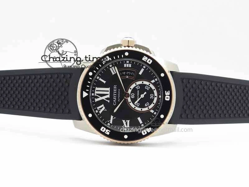 Calibre De Cartier Diver JJF 1:1 Best Edition SS RG Black Dial On Black Rubber Strap A23J