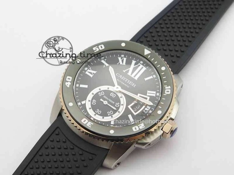 Calibre De Cartier Diver JJF 1:1 Best Edition SS RG Black Dial On Black Rubber Strap A23J