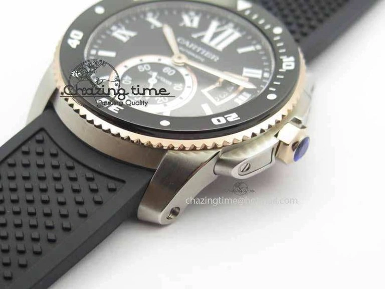 Calibre De Cartier Diver JJF 1:1 Best Edition SS RG Black Dial On Black Rubber Strap A23J