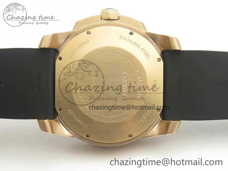 Calibre De Cartier Diver RG Black RG Bezel JF 1:1 Best Edition On Black Rubber Strap A23J