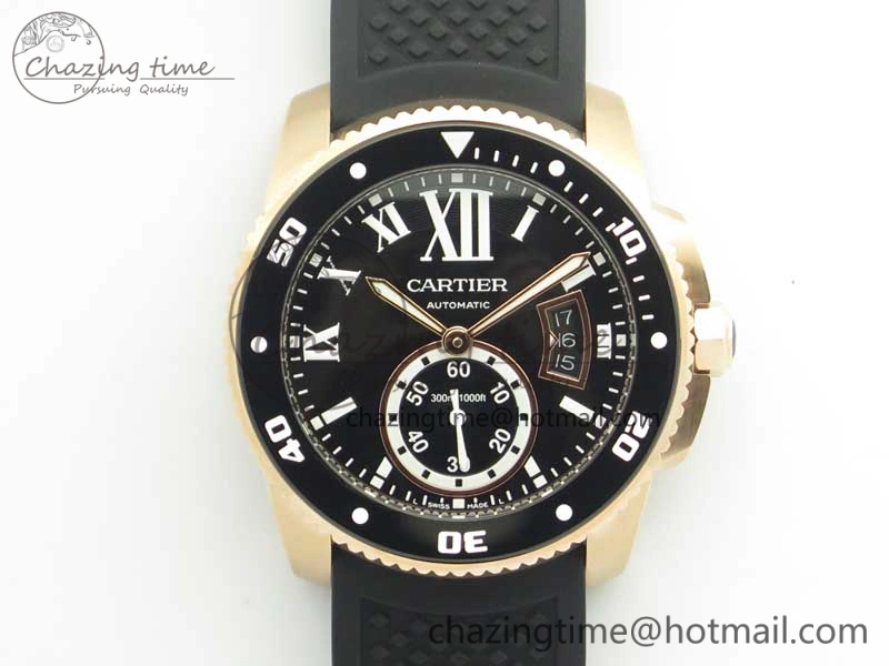 Calibre De Cartier Diver RG Black RG Bezel JF 1:1 Best Edition On Black Rubber Strap A23J