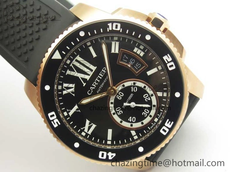 Calibre De Cartier Diver RG Black RG Bezel JF 1:1 Best Edition On Black Rubber Strap A23J