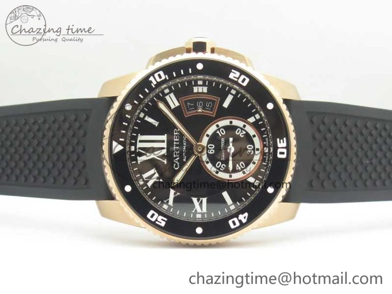 Calibre De Cartier Diver RG Black RG Bezel JF 1:1 Best Edition On Black Rubber Strap A23J
