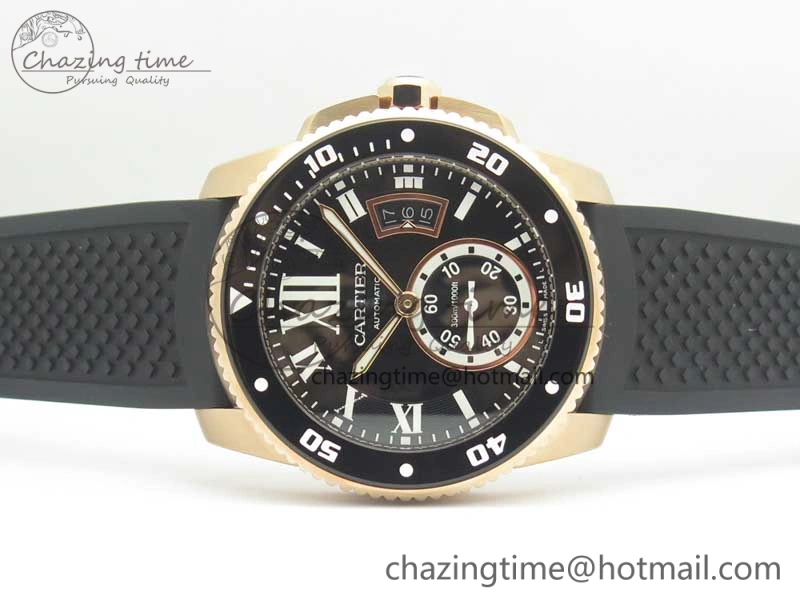 Calibre De Cartier Diver RG Black RG Bezel JF 1:1 Best Edition On Black Rubber Strap A23J