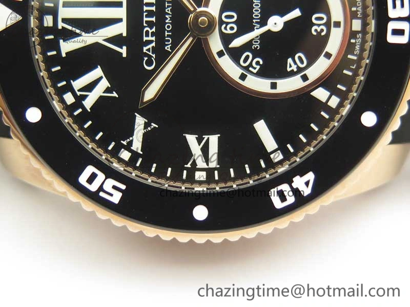 Calibre De Cartier Diver RG Black RG Bezel JF 1:1 Best Edition On Black Rubber Strap A23J