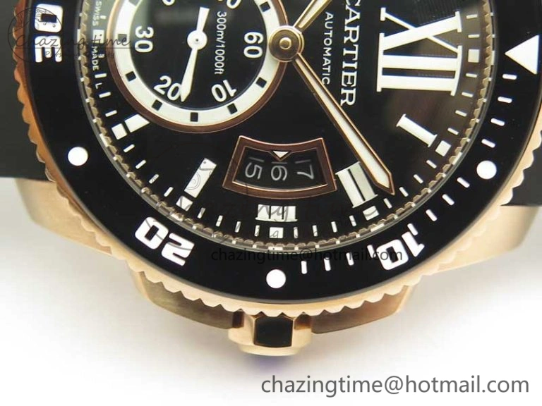 Calibre De Cartier Diver RG Black RG Bezel JF 1:1 Best Edition On Black Rubber Strap A23J