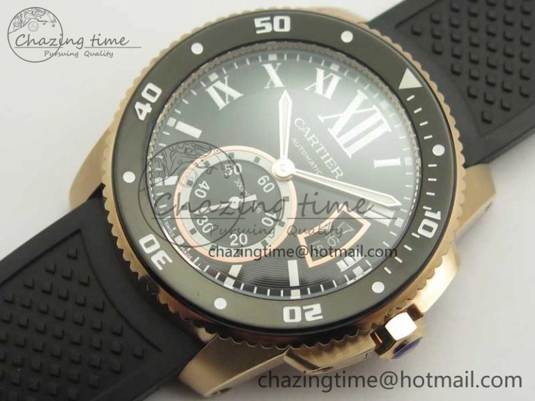 Calibre De Cartier Diver RG Black RG Bezel JF 1:1 Best Edition On Black Rubber Strap A23J