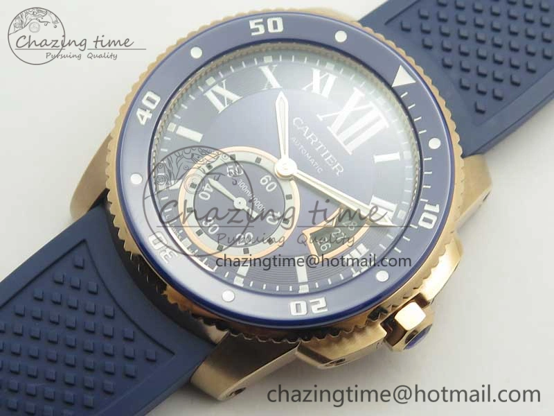 Calibre De Cartier Diver RG Blue RG Bezel JF 1:1 Best Edition On Blue Rubber Strap A23J