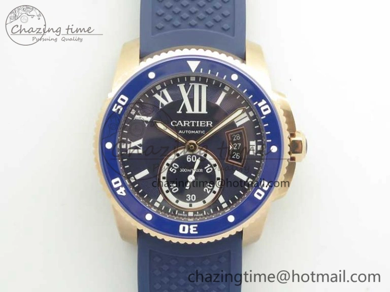 Calibre De Cartier Diver RG Blue RG Bezel JF 1:1 Best Edition On Blue Rubber Strap A23J