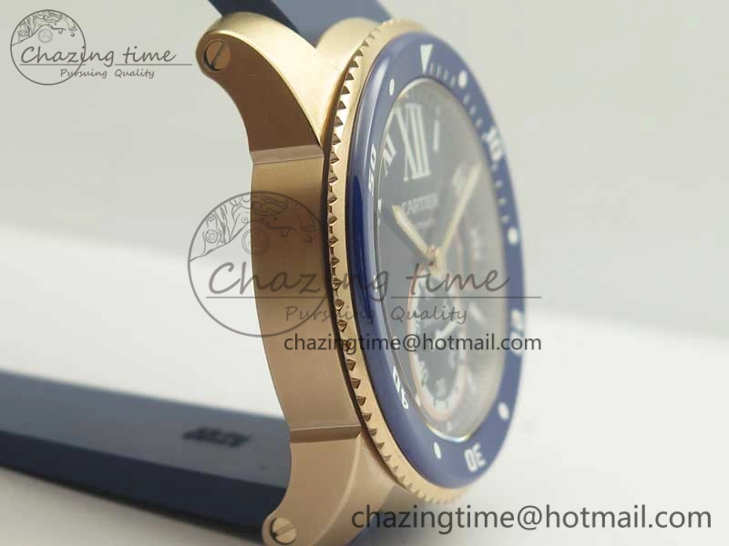 Calibre De Cartier Diver RG Blue RG Bezel JF 1:1 Best Edition On Blue Rubber Strap A23J